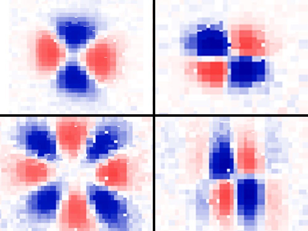 4 squares of red and blue pixelated images 