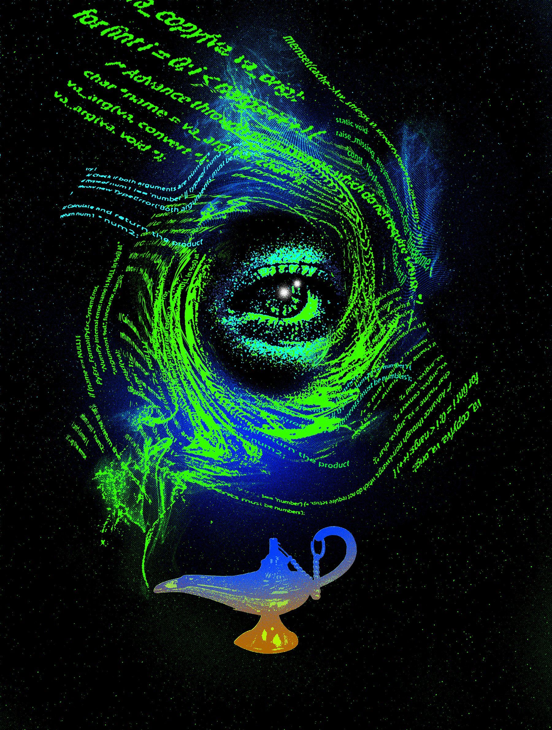 An illustration of an eye surrounded by code with a genie's lamp below it.  