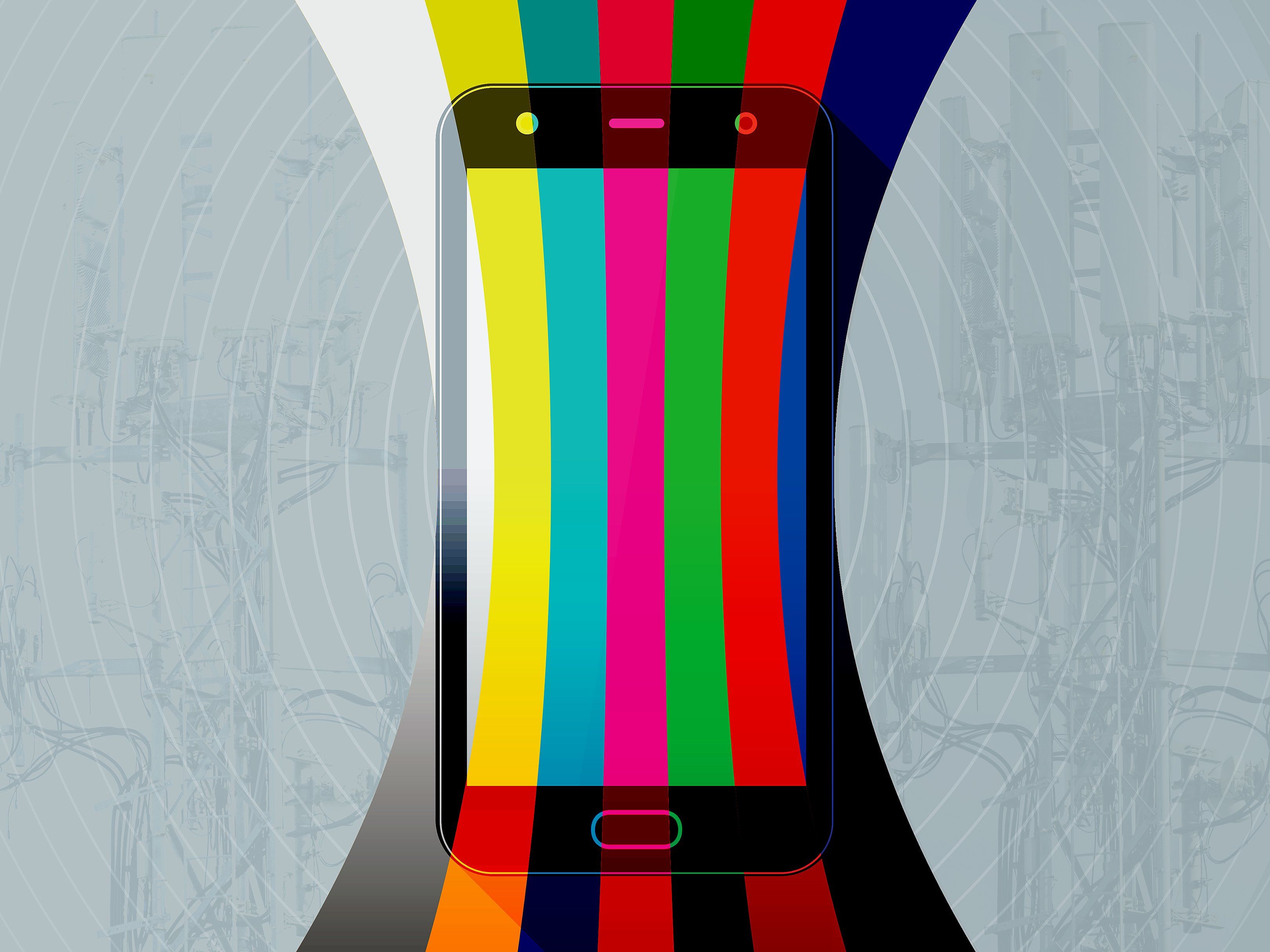 Photo illustration of a colorful tv pattern rainbow filtering through a cell phone. In the background, lines and 5g towers are hinted at.