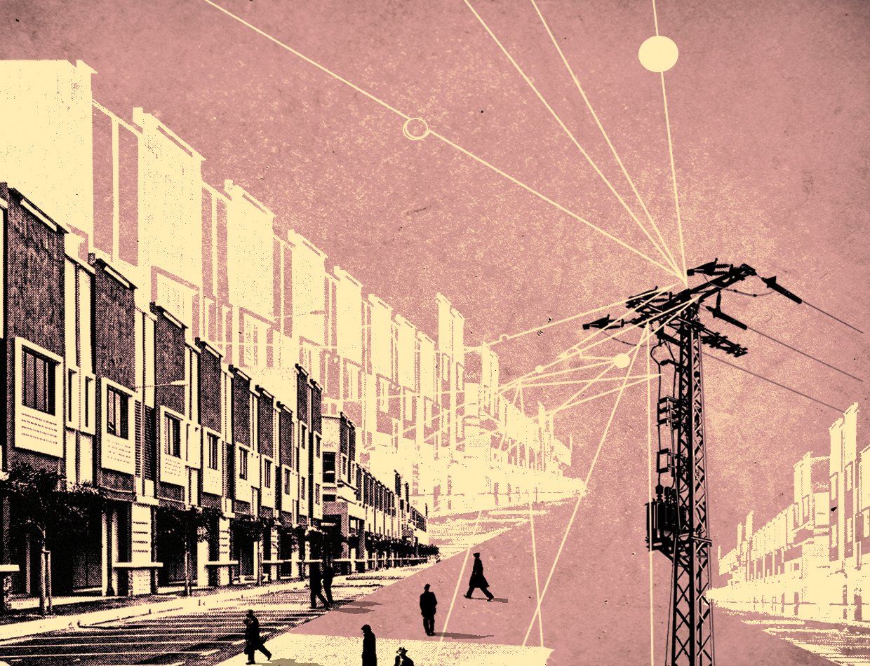 A yellow, black and pink photo-illustration of a city, people, and electricity imagery such as pylon and wires.