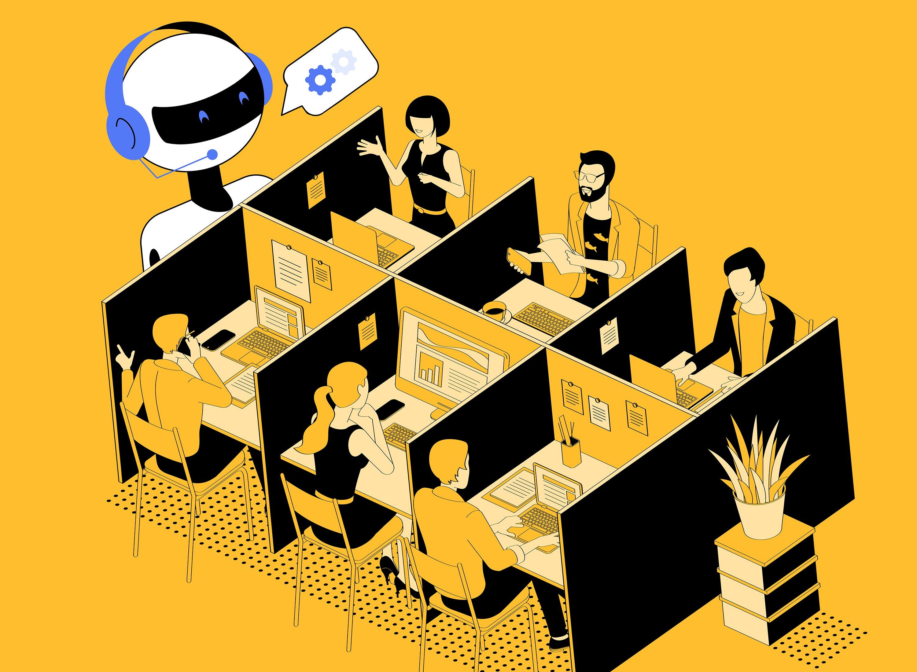 An illustration shows six office workers in cubicles in yellow and black, and a large white, black and blue chat bot looming over them with a speech bubble showing two gear icons.