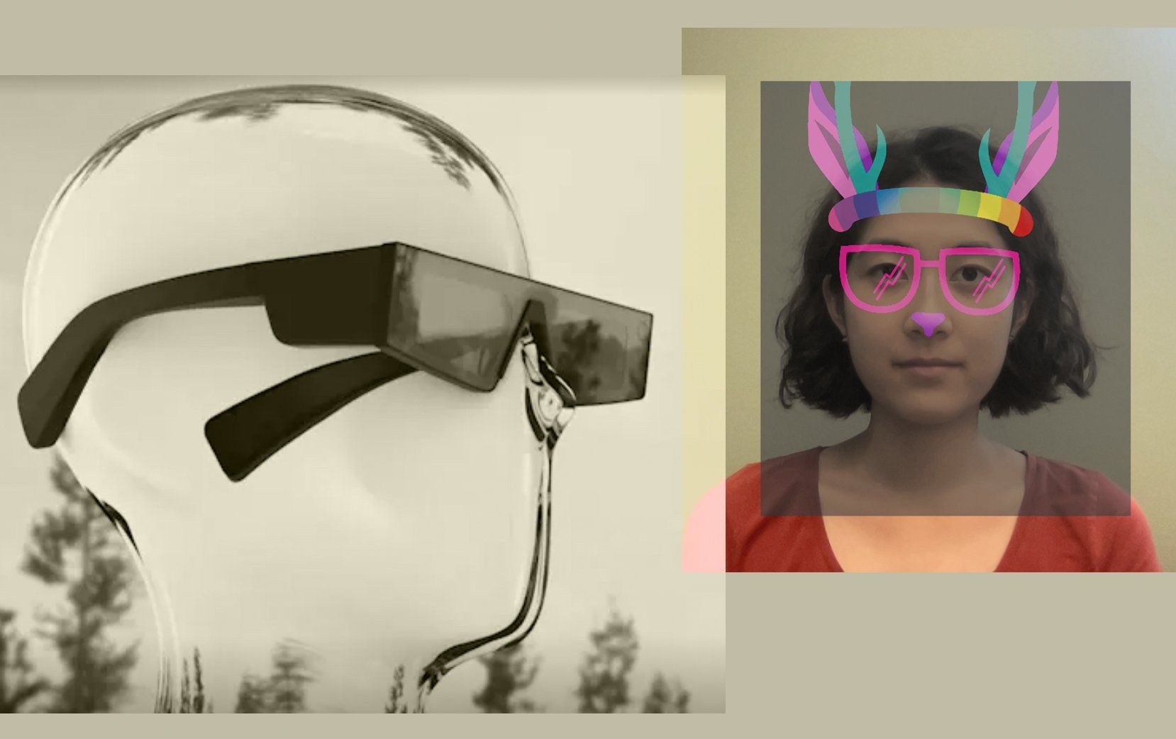 A collage of a clear mannequin head wearing AR glasses and an image of a woman with a lens over her face of a colorful dear head, nose and pink glasses.