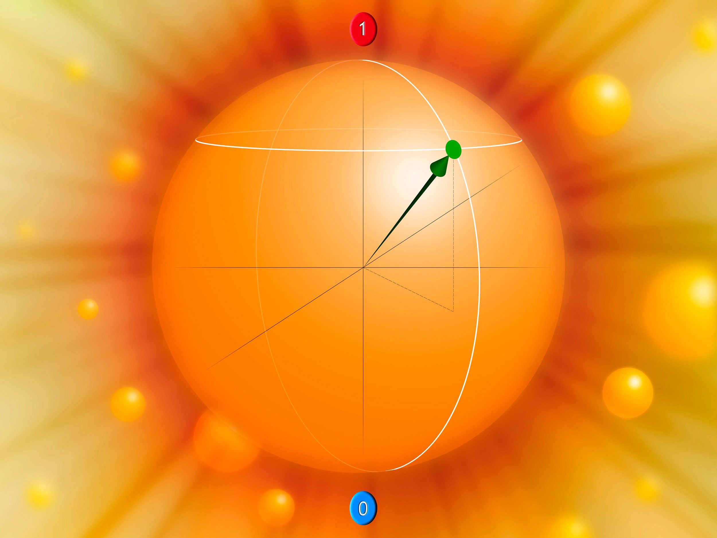 a glowing orange ball with a small green arrow and a red circle 1 on top and a blue circle zero on bottom