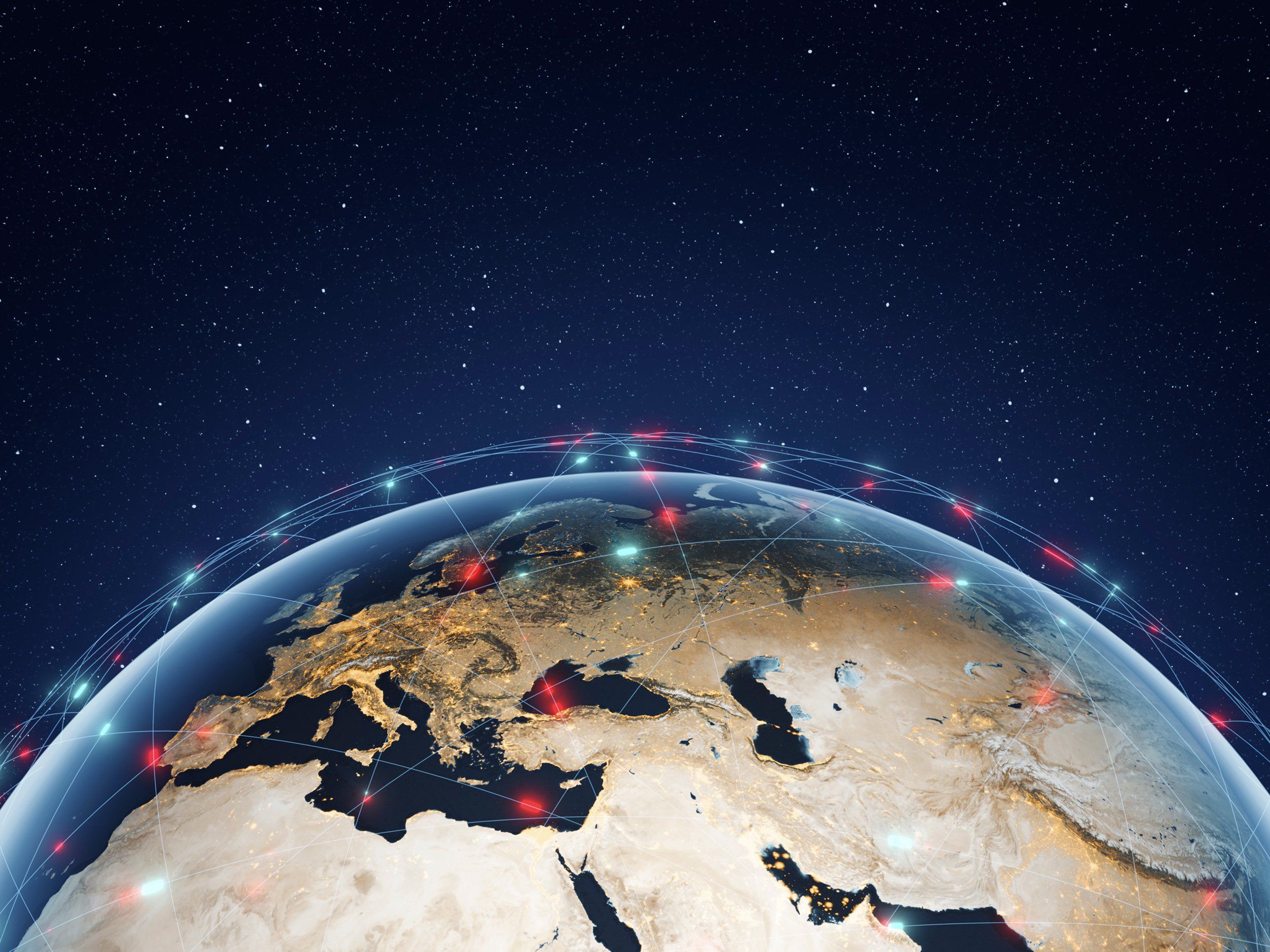 overhead view of earth and lines above earth with red and blue dots
