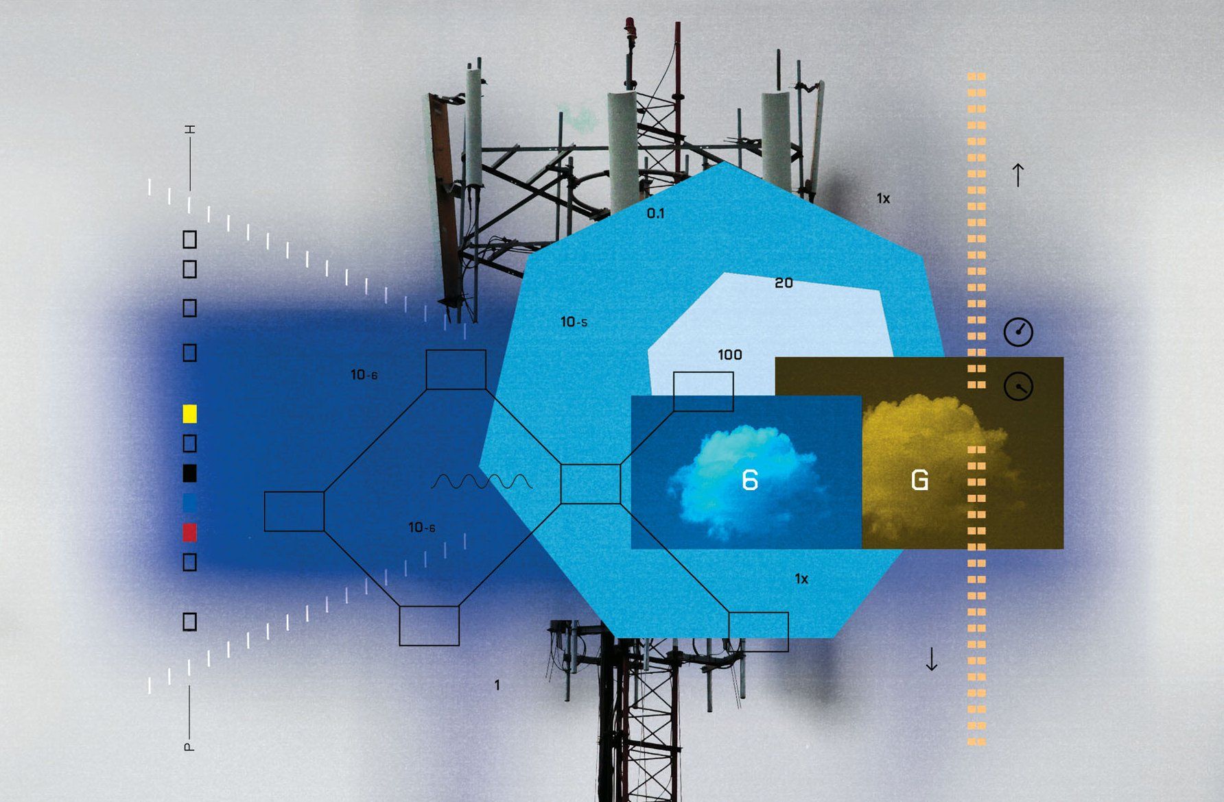 A conceptual collage showing telecommunications equipment, data and clouds