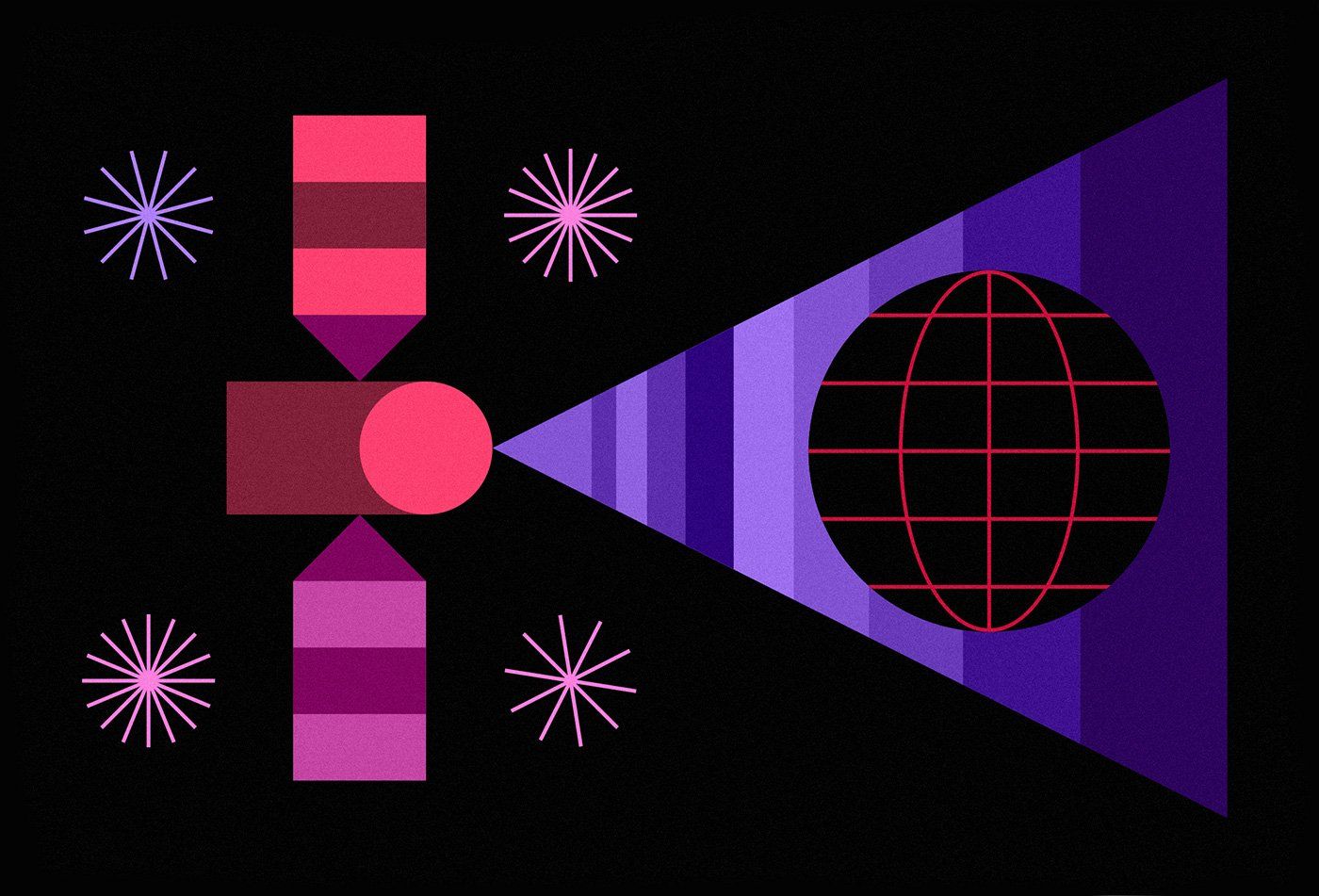 pink and purple illustration of different shapes placed together to look like a satellite and world against a black background