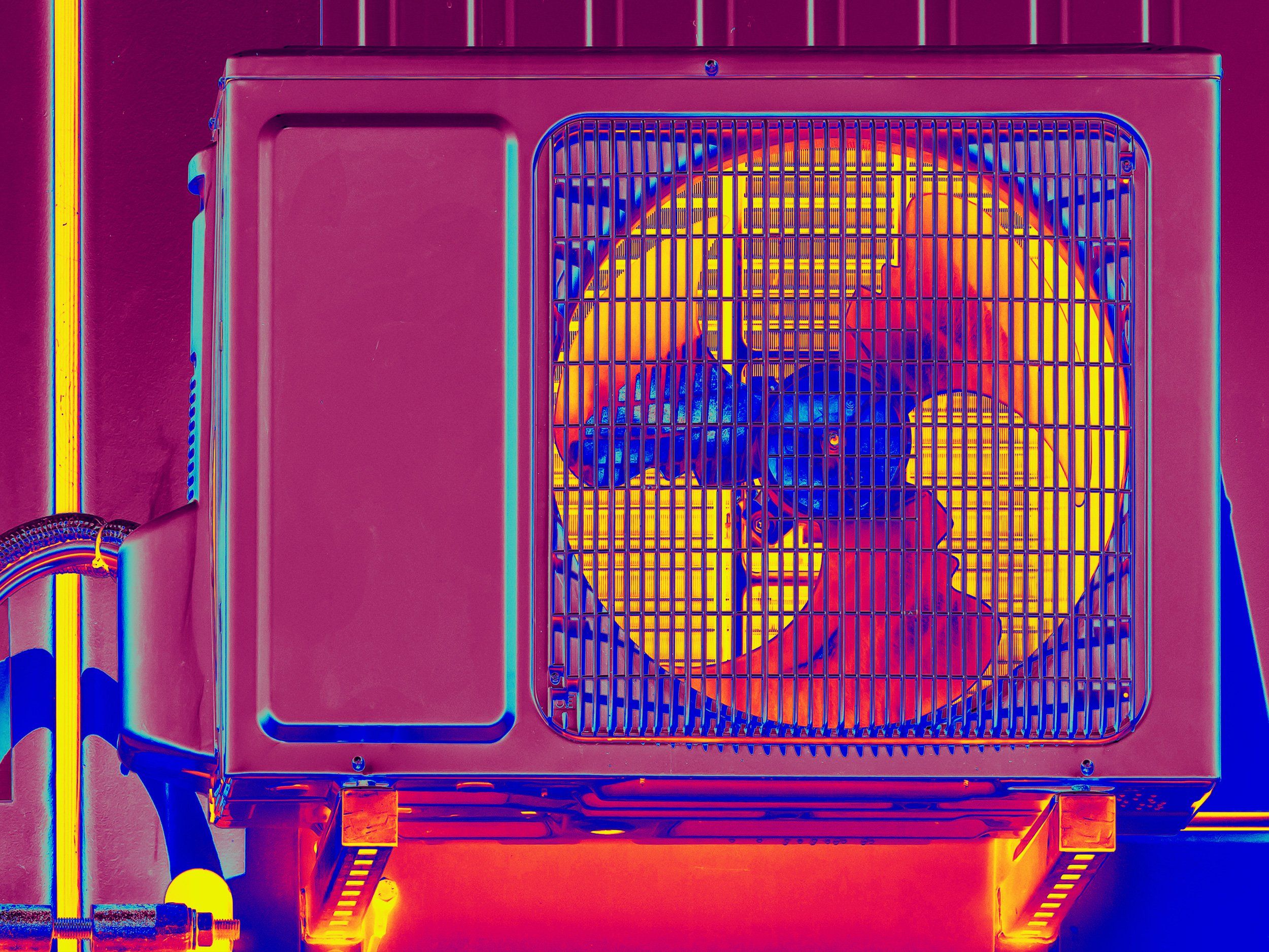 bright pink, blue and yellow image of a heat pump on a wall