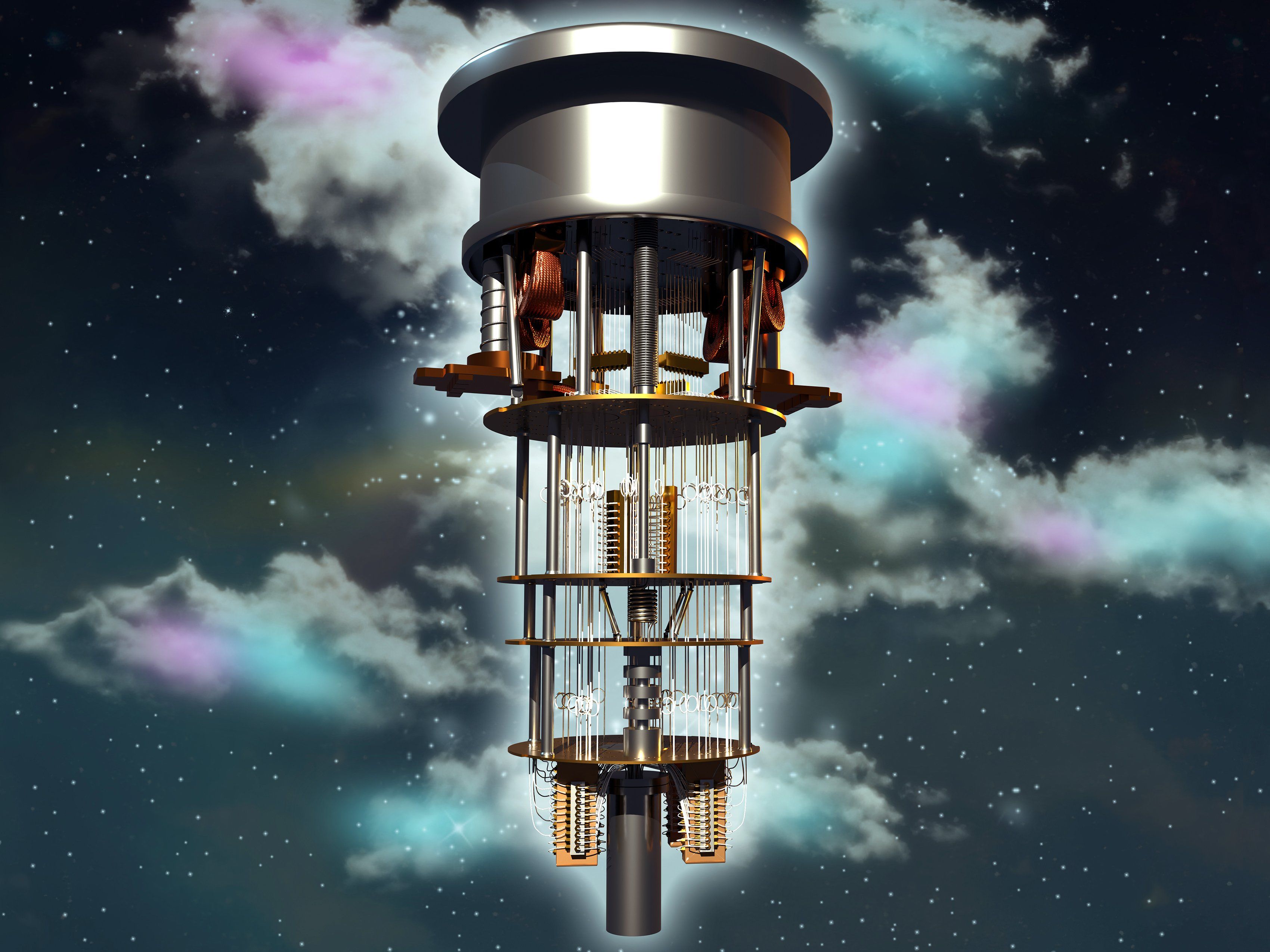 3D illustration of a quantum computer floating with a backdrop of stars and colorful clouds