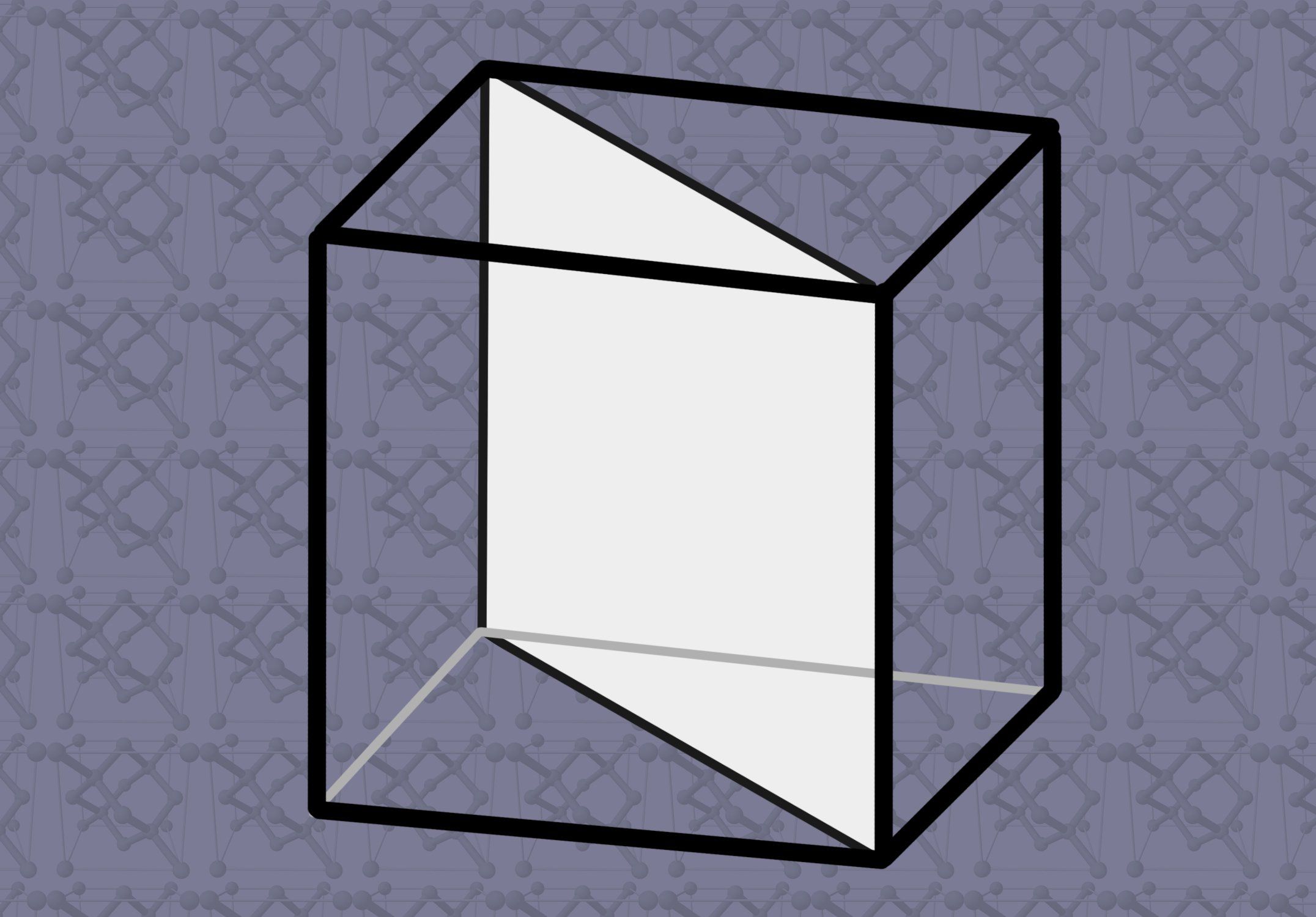 Illustration of a cube with a diagonal square slice sits on a background of silicon unit cells.