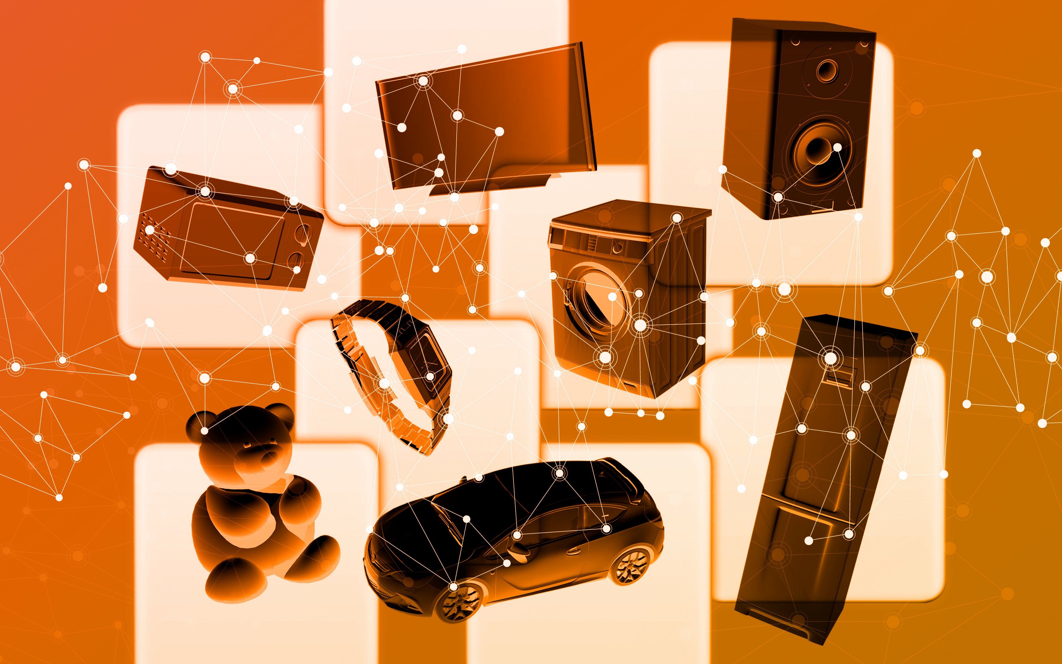 Orange an red tinged photo-illustration of IoT devices linked by a network