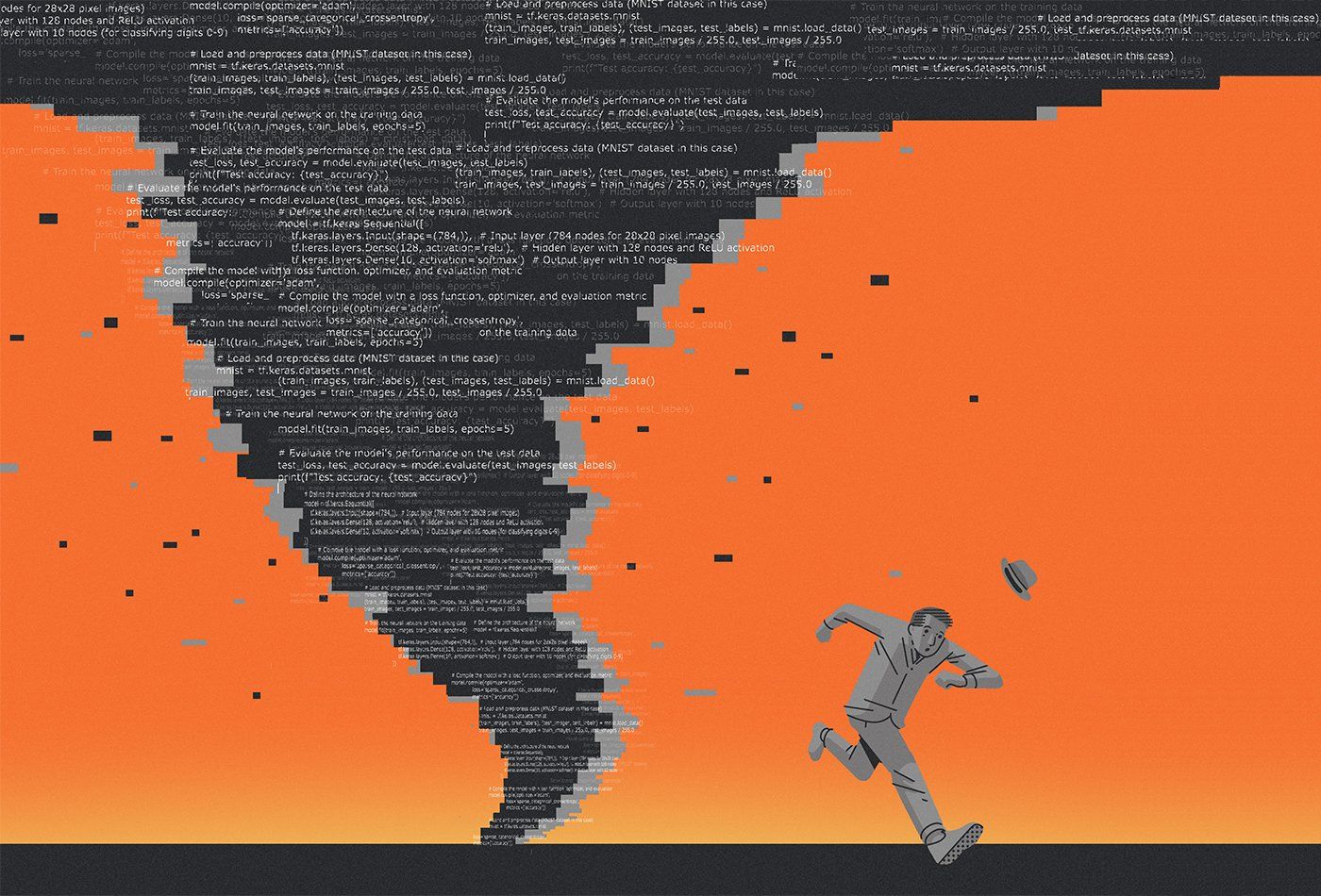 An illustration of a person running away from a tornado shape full of code