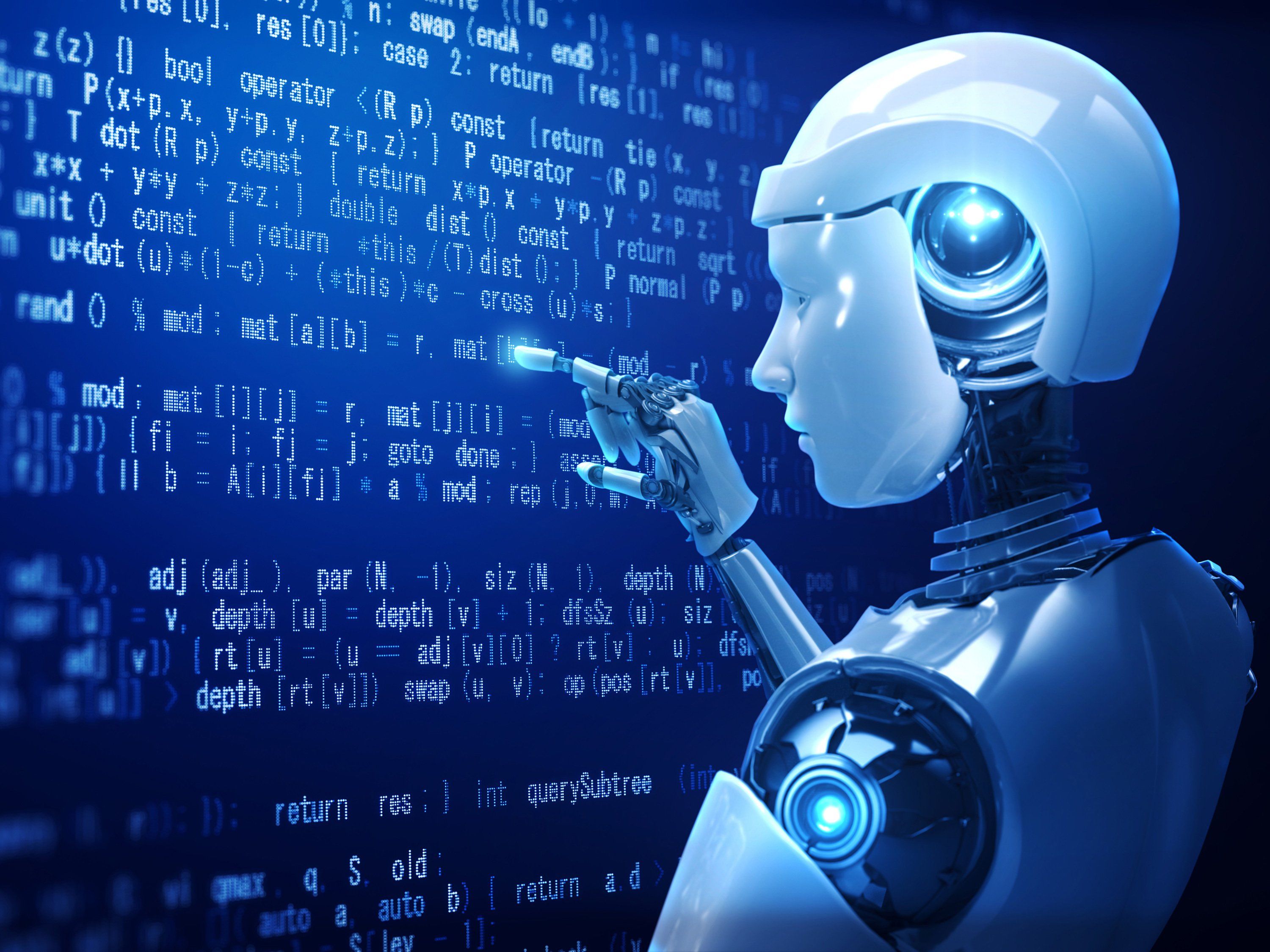 robot looking at screen of computer software language