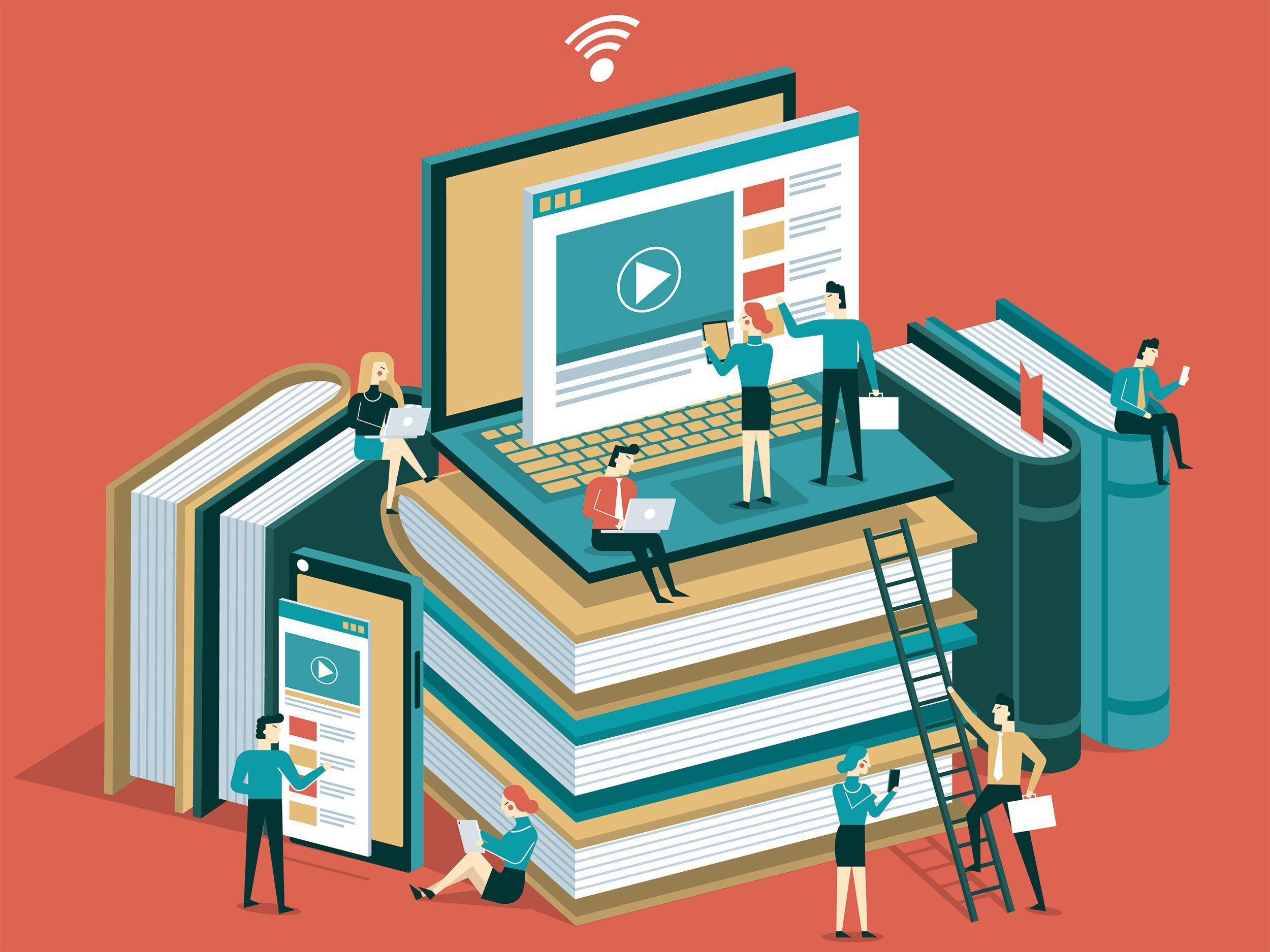 illustration of life-size stack of books with a laptop on top and people sitting on books with phones and laptops 