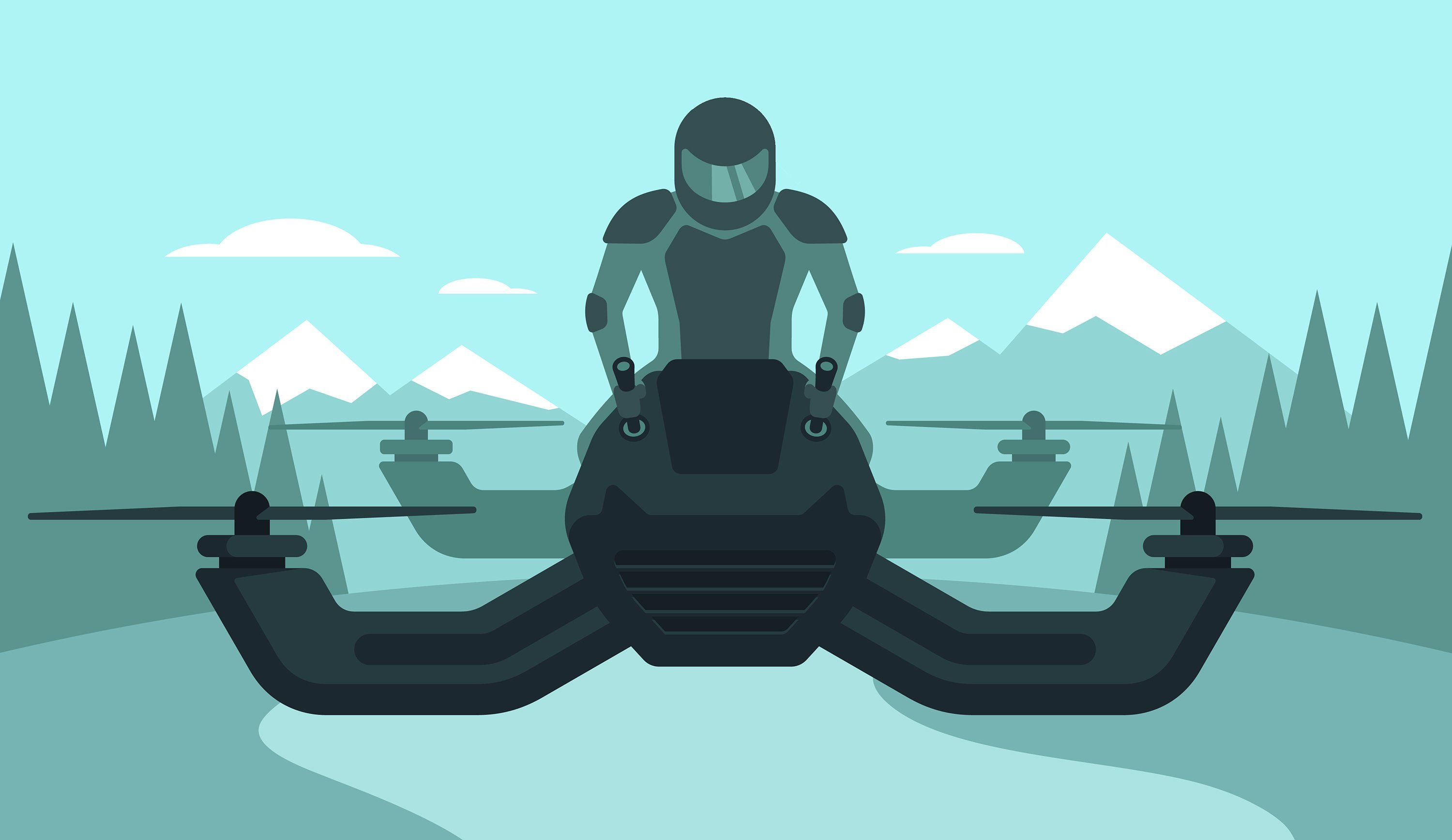 Illustration of a helmeted person on a hovercraft with four rotors