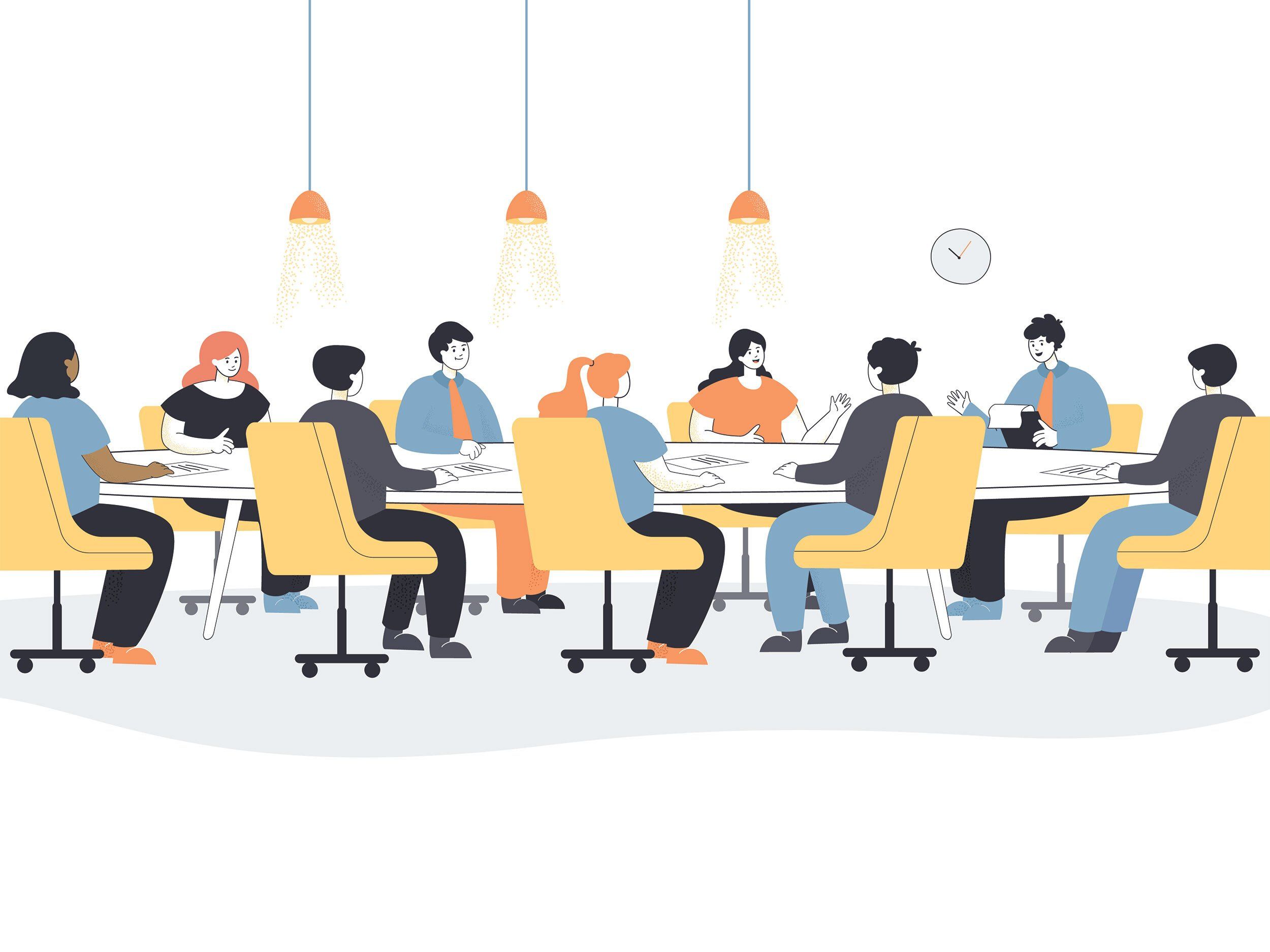 illustration of large group of people sitting around a table having a meeting