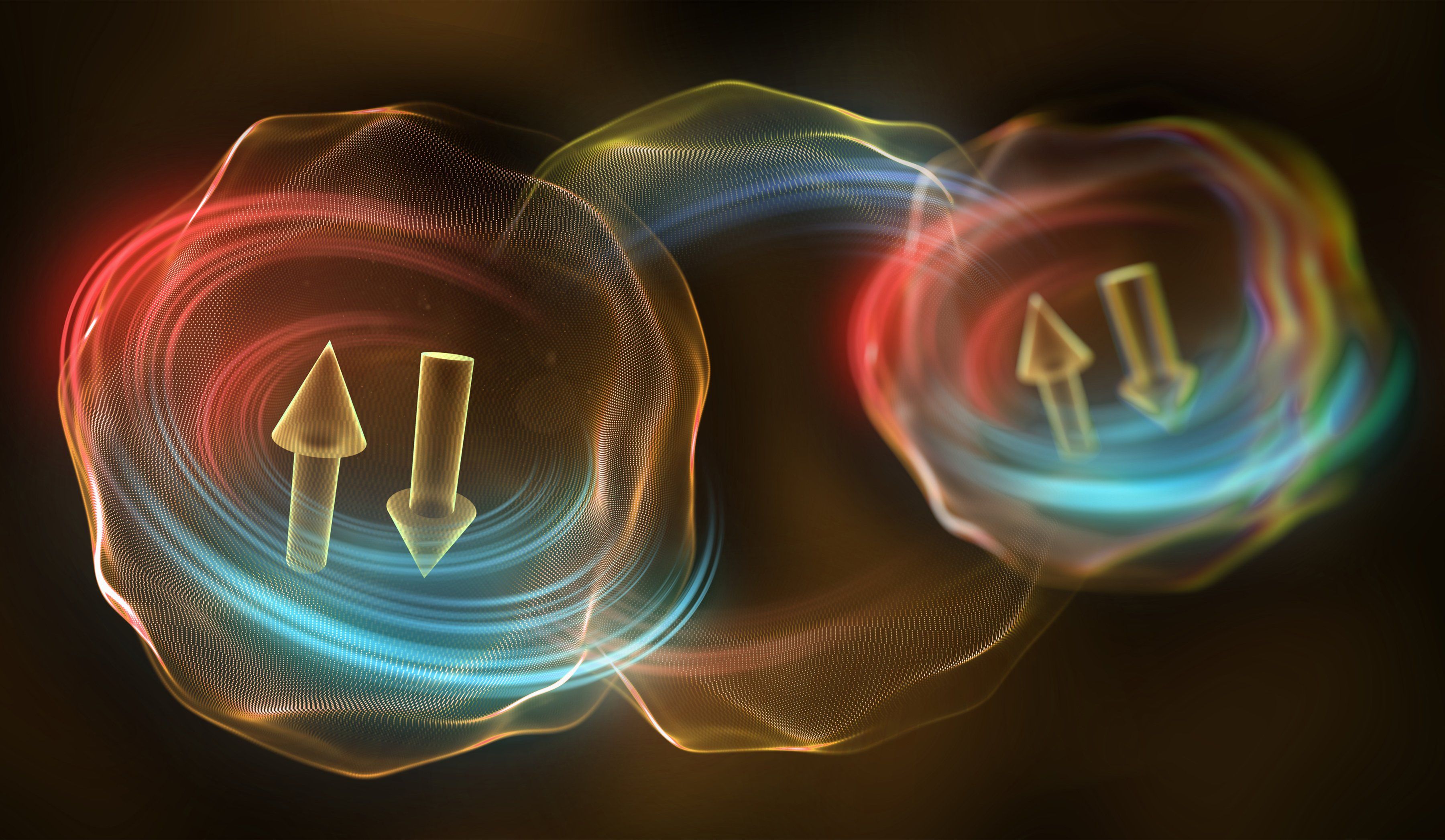 Conceptual illustration of spintronics, visualizing the quantum property of the electron known as spin, wherein every electron spin is oriented in one of only two directions, up or down. 