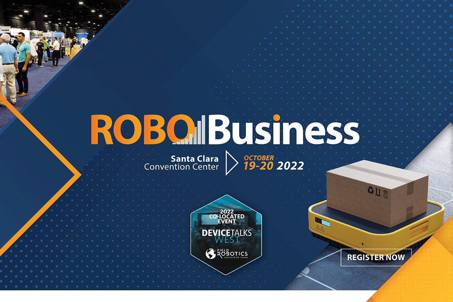 A blue background with the word "RoboBusiness" and below that "Santa Clara Convention Center" and "October 19-20 2022"
