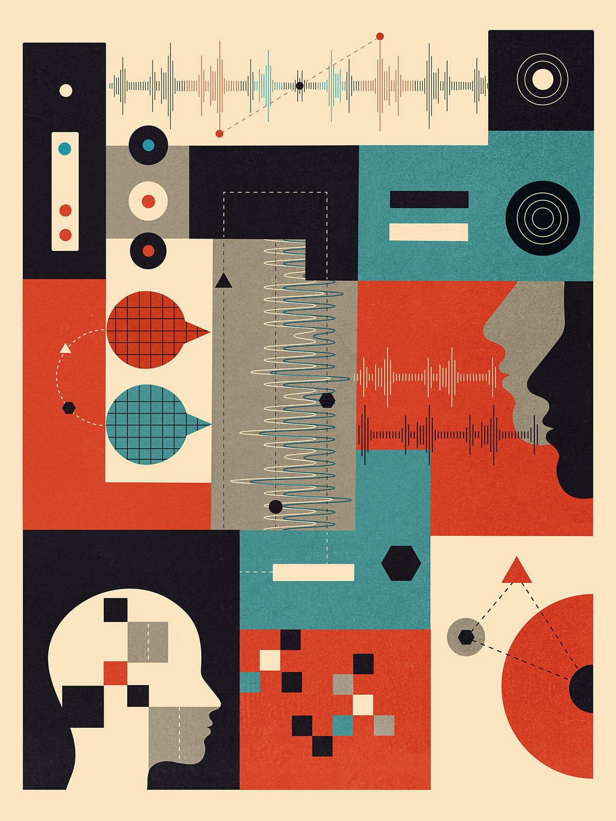 An illustration representing digital, audio and people talking. 