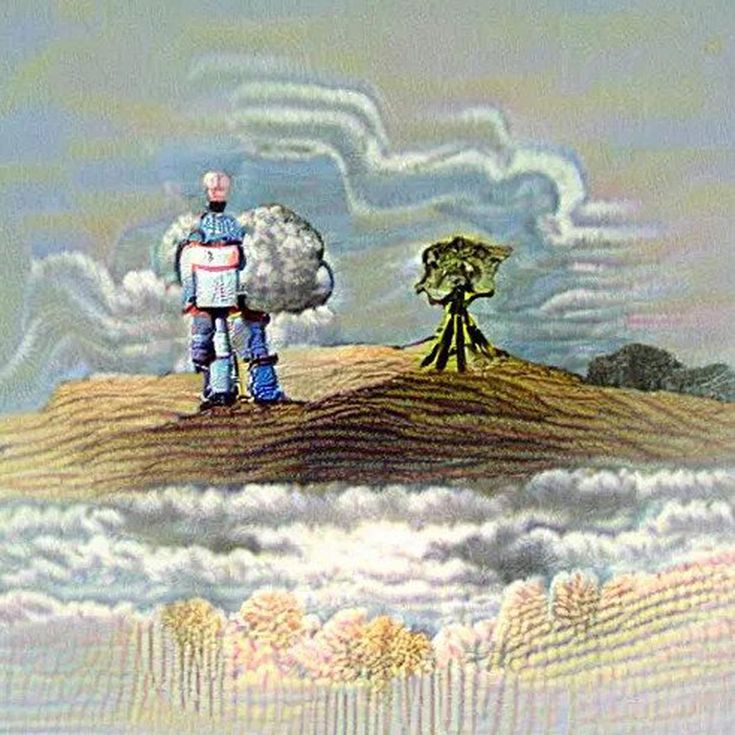 Изображения человека и робота, стоящих рядом с большим дубом, созданные с помощью модели искусственного интеллекта VQGAN+Clip.simple.
