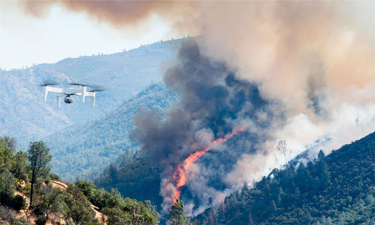 Impossible Aerospaces's US-1 quadcopter drone in flight, flying towards an emergency situation.
