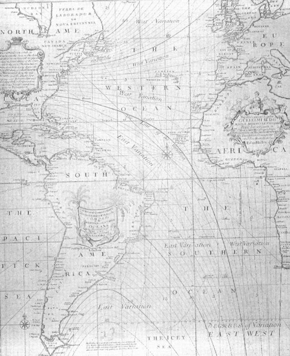 In 1701, Edmund Halley produced the world\u2019s first isogonic chart, which shows how the angle between magnetic north and true north varies at different points in the Atlantic Ocean.