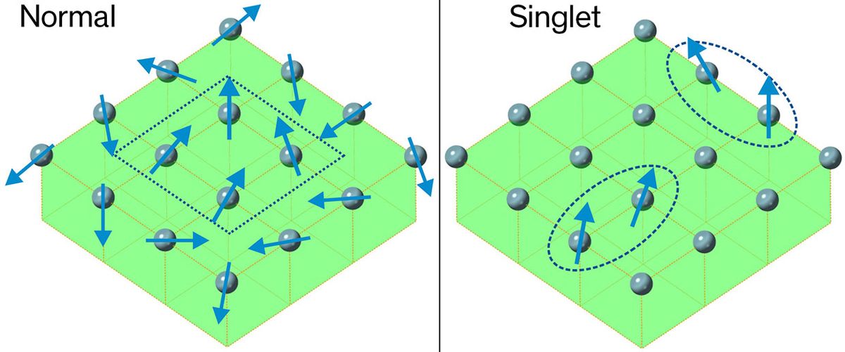 In a normal magnetic material, dense magnetic moments try to align with their neighbors (left). By contrast, in a singlet-based material, unstable magnetic moments pop in and out of existence, and stick to one another in aligned clumps (right).