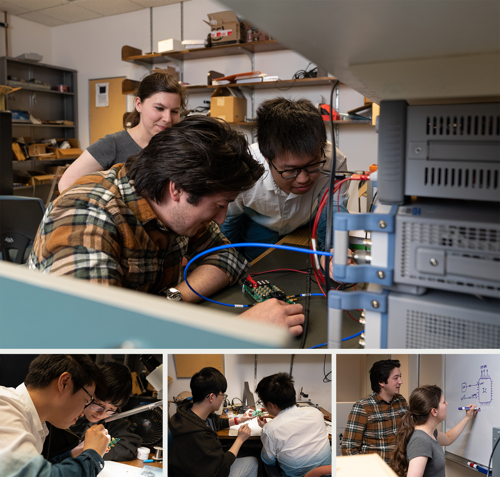 In four images, three young men and a young woman work together with electronic laboratory equipment, on paper, and at a whiteboard.
