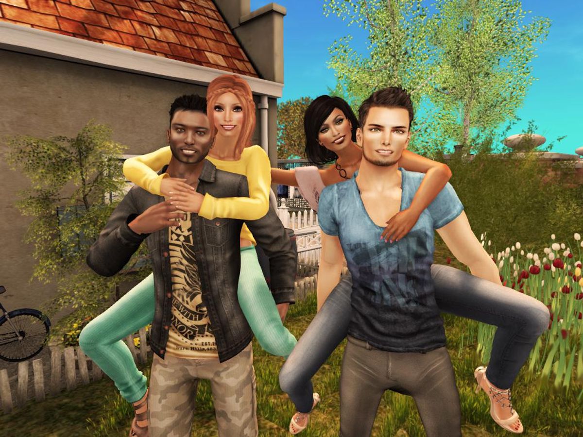 In the foreground are two female avatars,  each on the back of a male avatar. In the background are a house, garden, trees and blue sky.
