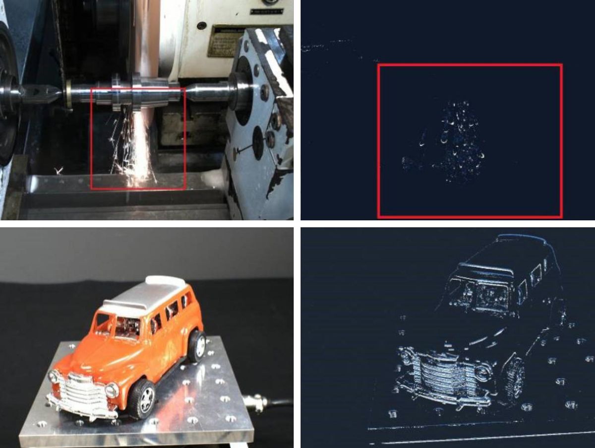 In the top left quadrant sparks fly from a rod-like machine. At top right, a red box encloses speckled droplets where the sparks from the first image would be on a field of black. In the bottom left quadrant a toy car sits on a metal plate with shot through with an array of drill holes. In the bottom right the outline of the car and the plate are visible on a field of black. 