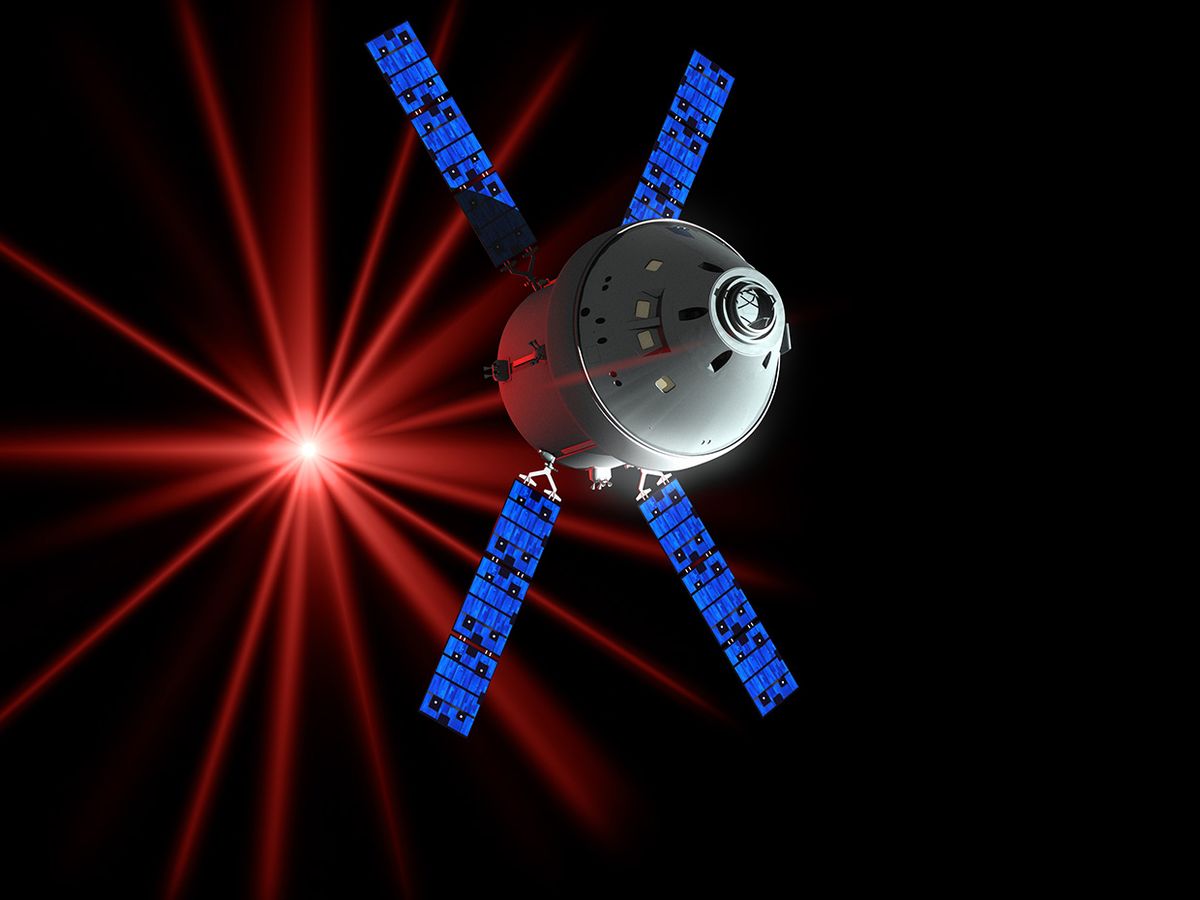 Infrared lasers will allow Orion to beam ultrahigh-definition video back to Earth, as shown in this artist’s rendering.