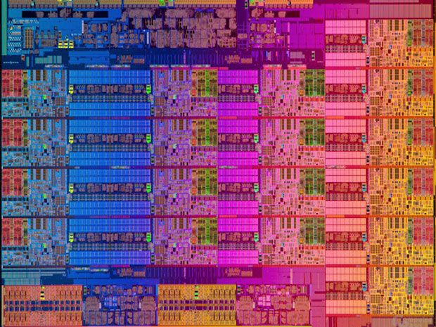 A close up of the Haswell-EX Xeon E7-8890 V3 multicore processor chip shows 18 cores.