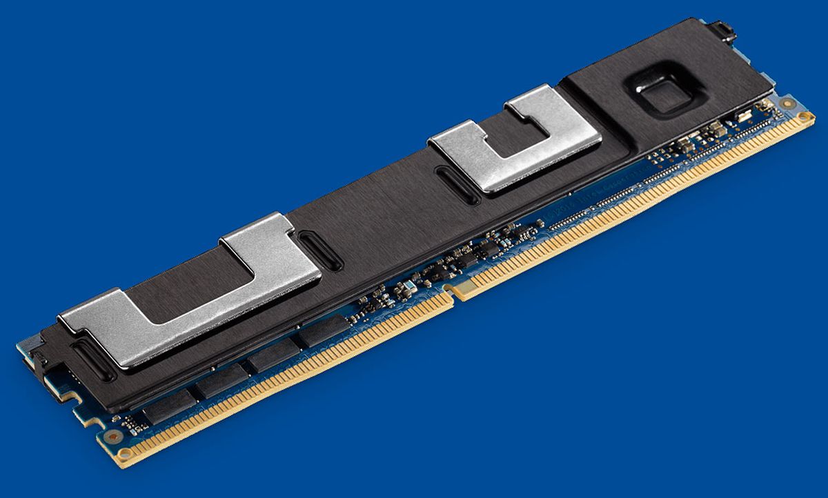 Intel's 3D XPoint DIMM module looks like a thin black stick with many coppery fringes on one side.