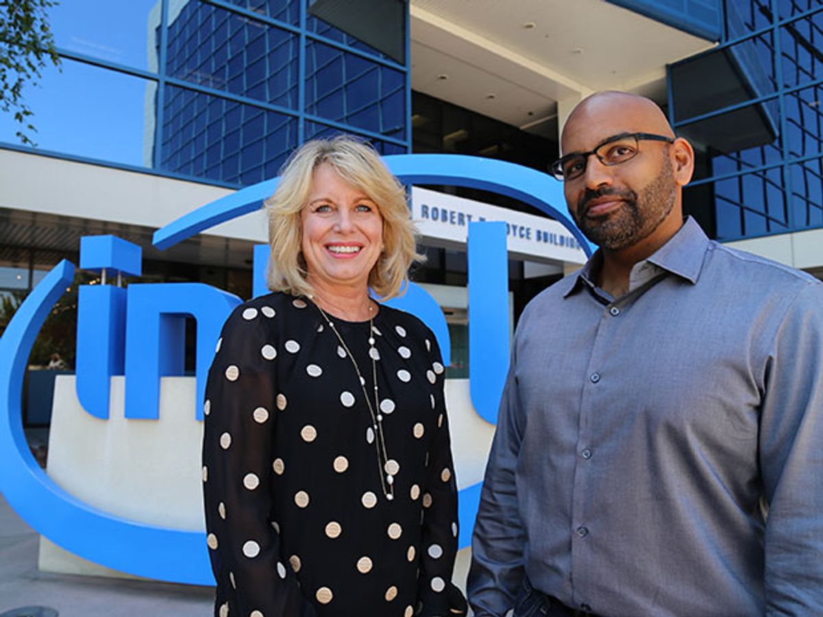 Intel’s Diane Bryant, executive vice president and general manager of the Data Center Group, with Nervana’s cofounder Naveen Rao