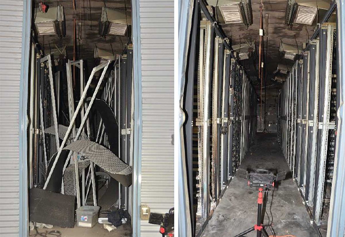 Interior damage to the BESS after the explosion (left), and after debris was removed to gain access to begin the forensics analysis (right).