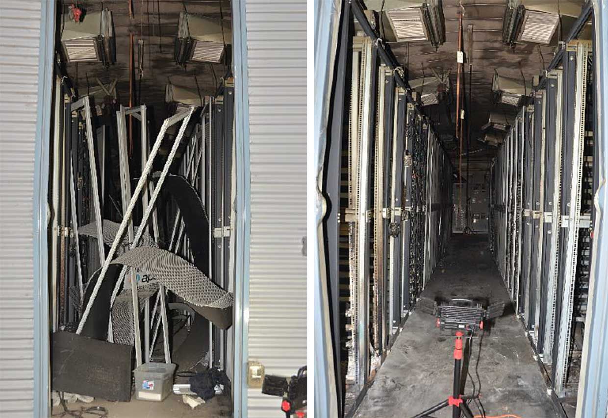 Interior damage to the BESS after the explosion (left), and after debris was removed to gain access to begin the forensics analysis (right).