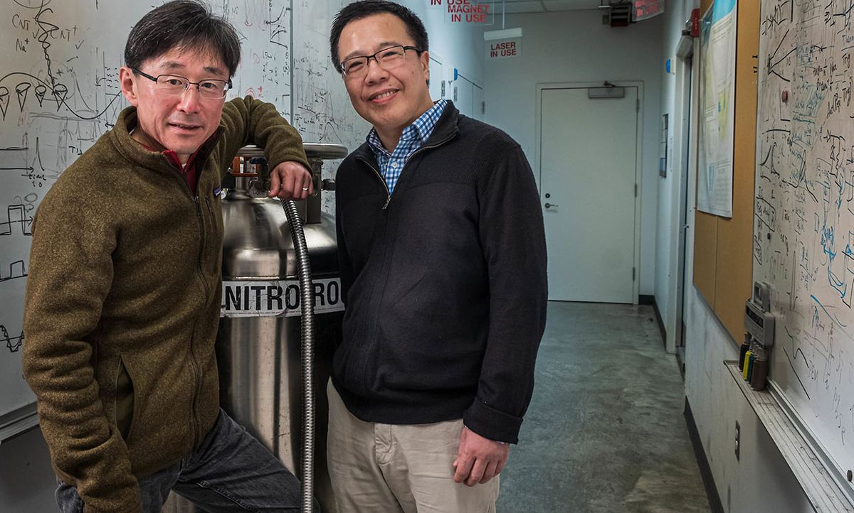 Junichiro Kono (left) and Qimiao Si in Kono’s Rice University laboratory in December 2019.