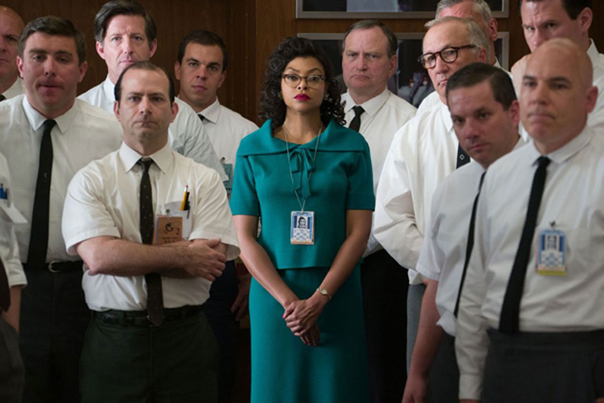 Katherine Johnson (center), played by actress Taraji P. Henson, worked at NASA as a mathematician, helping NASA launch its first successful manned mission around the Earth.