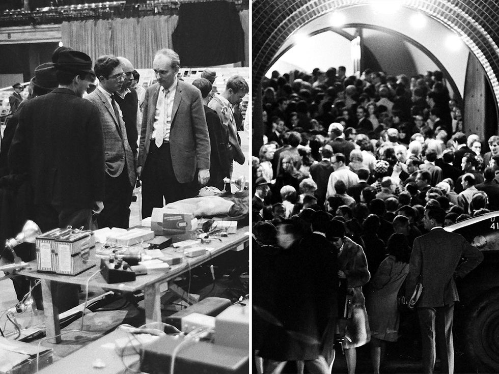 Kl\u00fcver and his engineering colleagues built the electronics (left) for the 1966 performance series 9 Evenings: Theatre and Engineering, held at New York City\u2019s 69th Regiment Armory (right). 