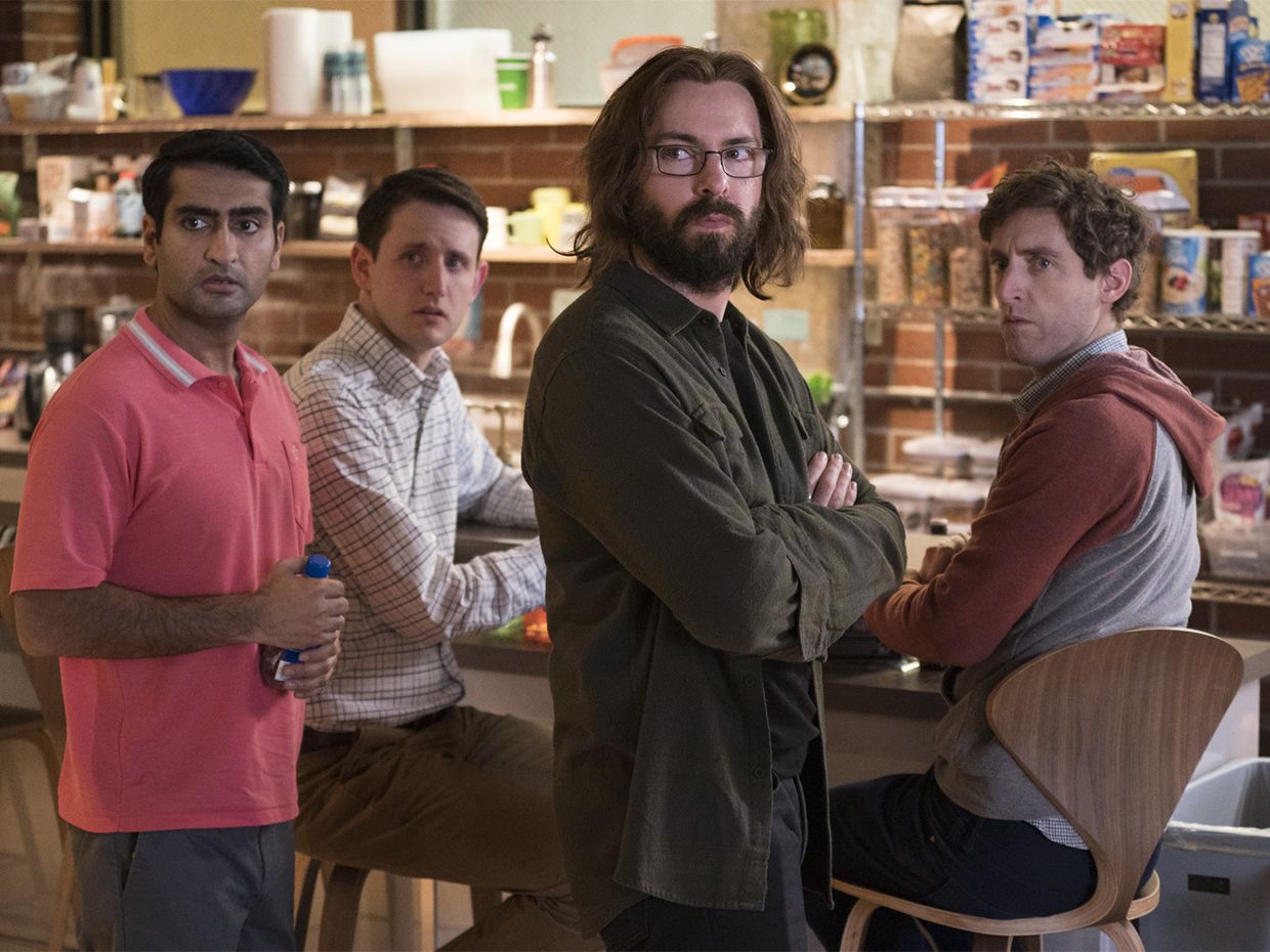 Kumail Nanjiani, Zach Woods, Martin Starr, Thomas Middleditch in a scene from Season 5 of Silicon Valley