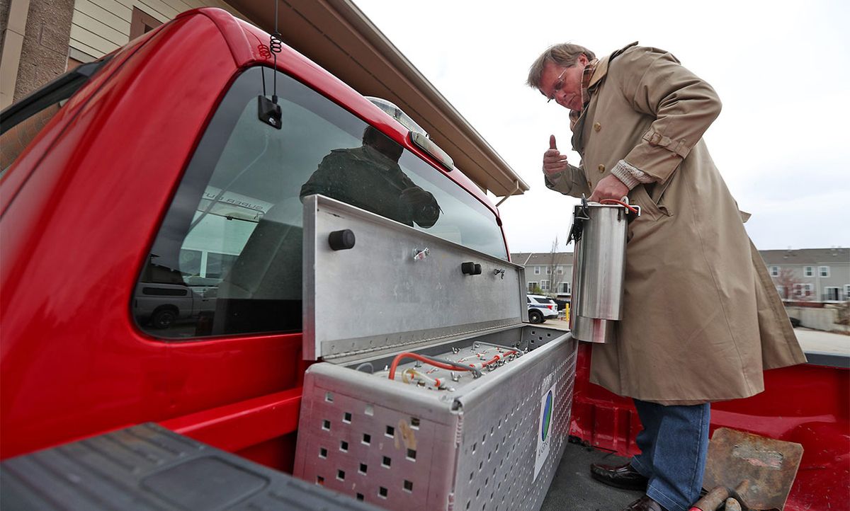 Kurt Koehler, founder and president of AlGalCo, shows his HOT (Hydrogen on Tap) system, Thursday, April 9, 2020. It sits in a City of Carmel Street Department truck.