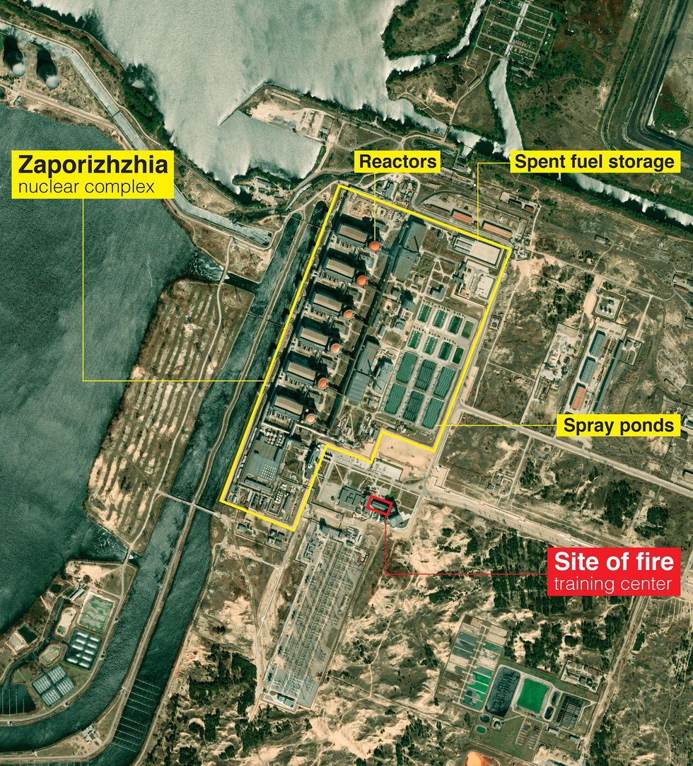 Labelled satellite view of Zaporizhzhia nuclear power plan showing position of reactors and spent fuel storage.