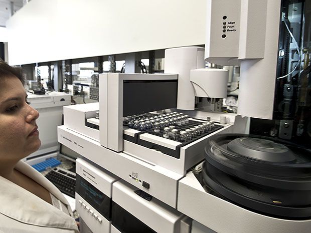Laboratory equipment in the Brazilian Doping Control Laboratory (BDCL) of the Federal University of Rio de Janeiro, in Brazil
