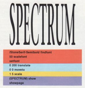 Large type spelling out Spectrum with lines of Postscript code highlighted in red, blue, yellow, and purple