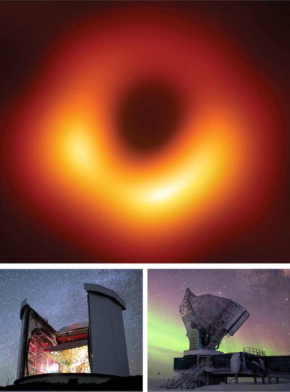 Last year, scientists published images of a black hole called M87* (top). The data that went into constructing those images came from seven radio telescopes spread over the globe, including the James Clerk Maxwell Telescope, in Hawaii (left). Another telescope, at the South Pole (right), aided in the calibration of the telescope network and is used for observing other astronomical sources.