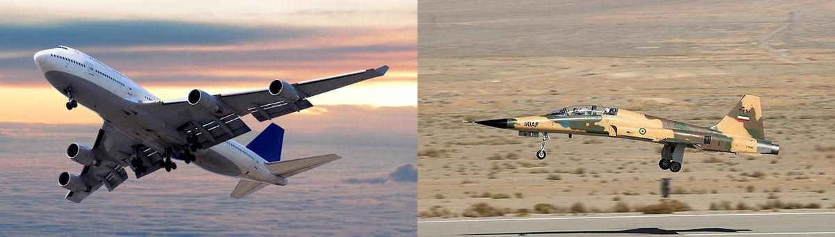 Left, a commercial plane from below; right a Yellow and green fighter jet takes off from a runway