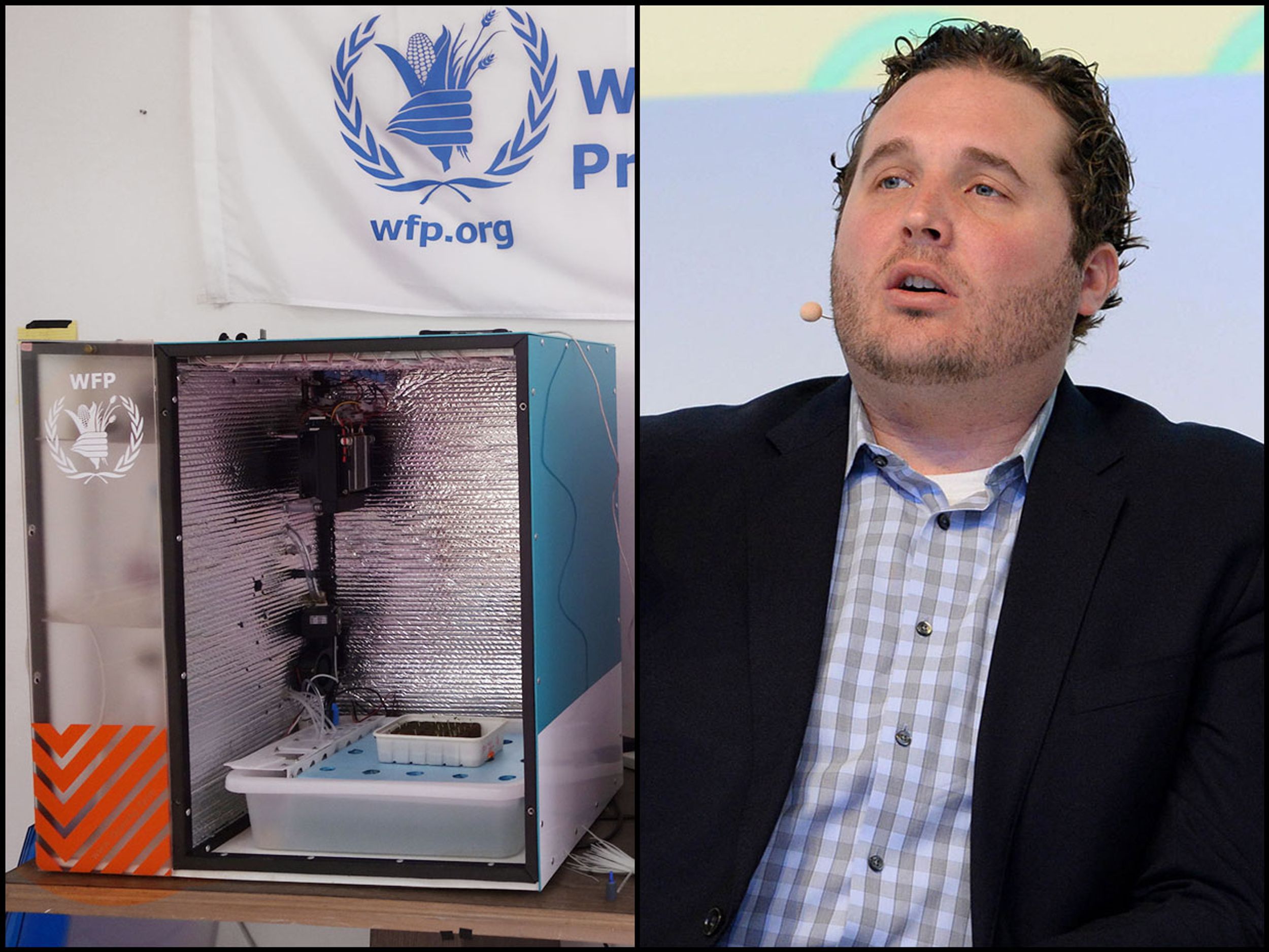 Left: A food computer at the World Food Programme office in Amman, Jordan. Right: Caleb Harper at DLD17 conference.