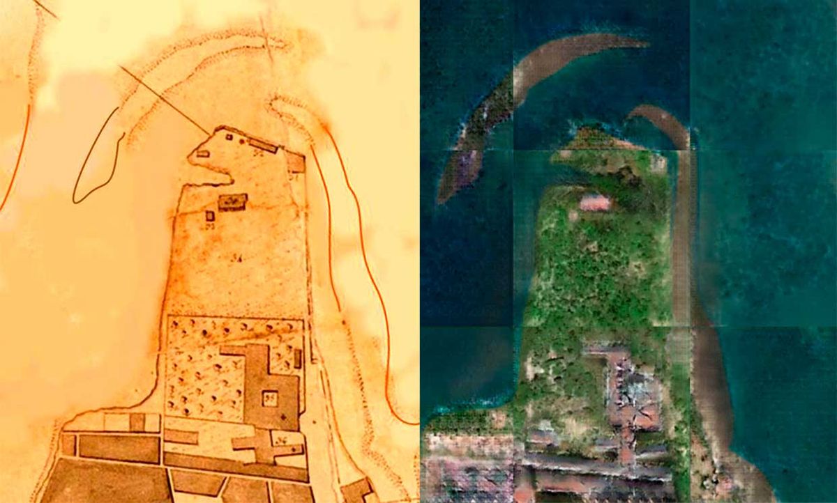 Left: A map created in 1808 by José Fernandes Portugal, which portrays the landscape around what is modern day Recife, in Brazil. Right: A image generated using AI, which was created based on the 1808 map of Recife.
