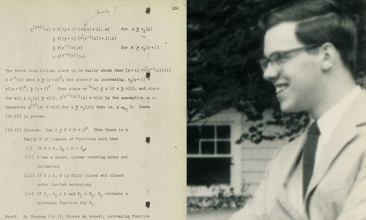 Left, a page from Dennis Ritchie's previously lost dissertation manuscript. Right, Dennis Ritchie around the time he started working at Bell Laboratories.