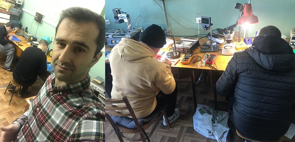 Left, a selfie showing students learning how to solder in the background. Right, two men soldering electronics.