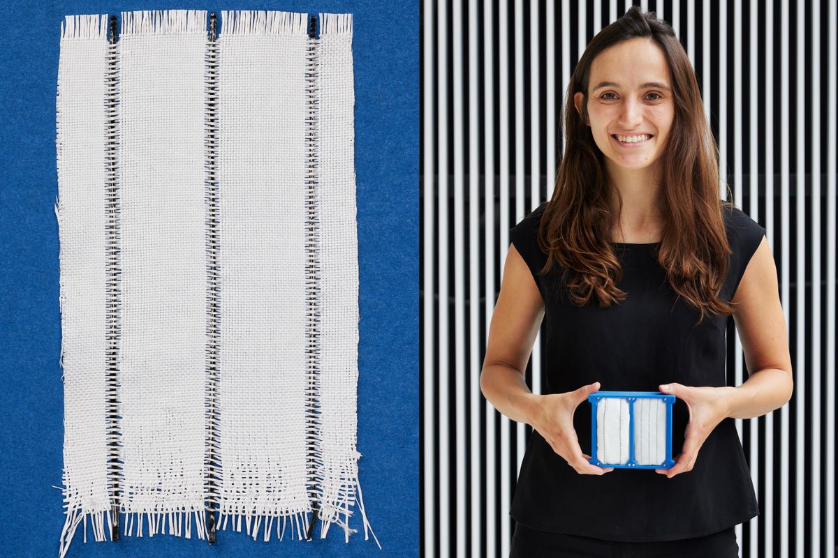 Left, a white woven piece of fabric with three thin vertical dark lines on a blue background. Right, a dark-haired woman holds a small blue square in her hands with a piece of the same fabric inside.